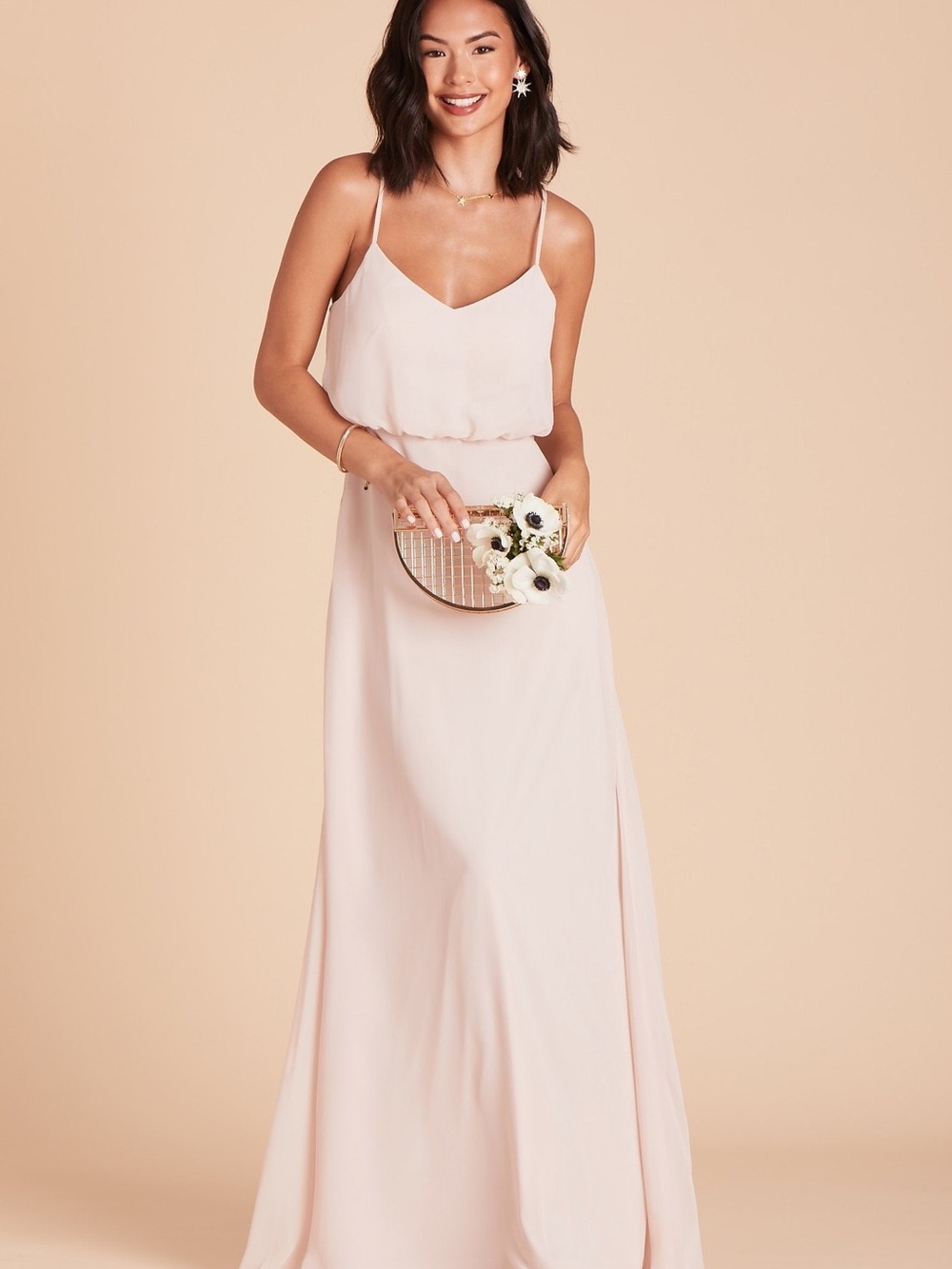 Birdy Grey Gwennie Dress L NWT Pale Blush Chiffon Bridesmaid Maxi